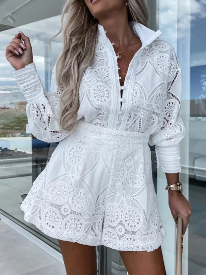 Lace Button Detail Long Sleeve Top and Shorts Set - Renee Lane Company