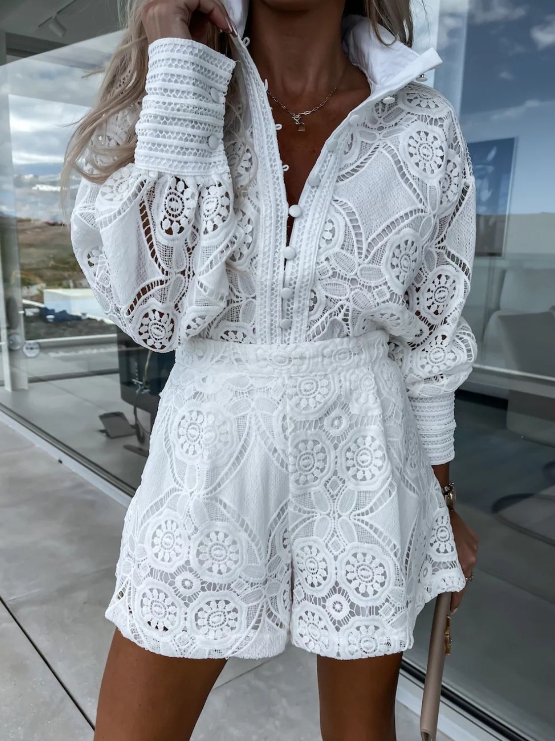 Lace Button Detail Long Sleeve Top and Shorts Set - Renee Lane Company