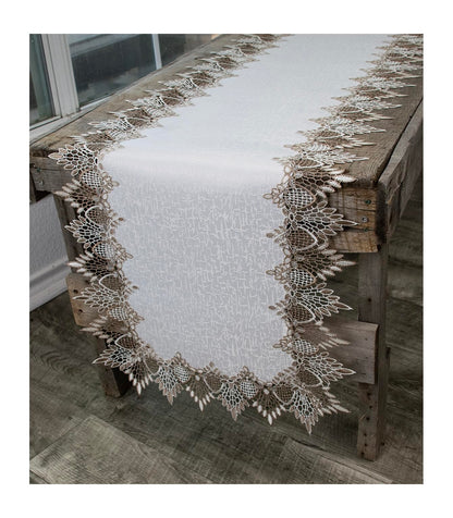 Lace Runner Neutral Earth Tones on White Jacquard Table Runner Dresser Scarf Coffee Table Runner (16Wx54L) - Renee Lane Company