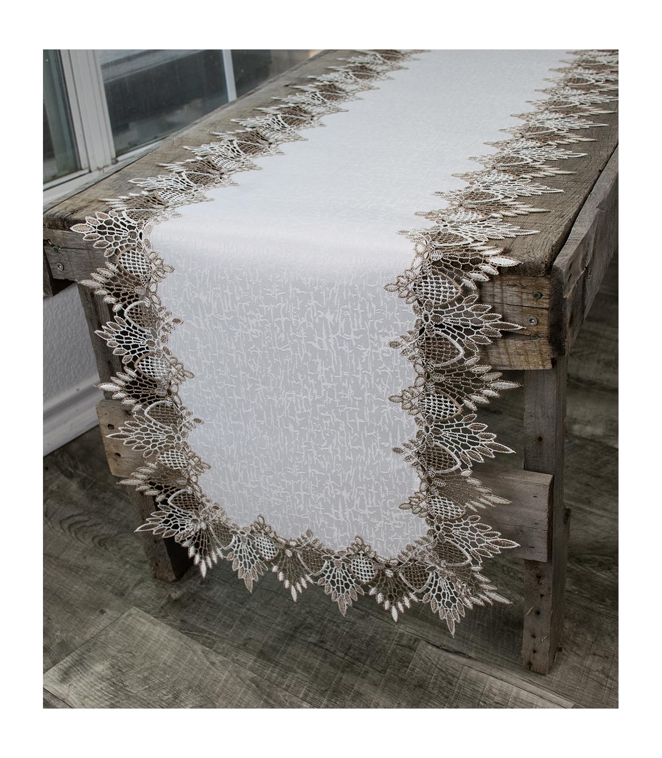 Lace Runner Neutral Earth Tones on White Jacquard Table Runner Dresser Scarf Coffee Table Runner (16Wx54L) - Renee Lane Company