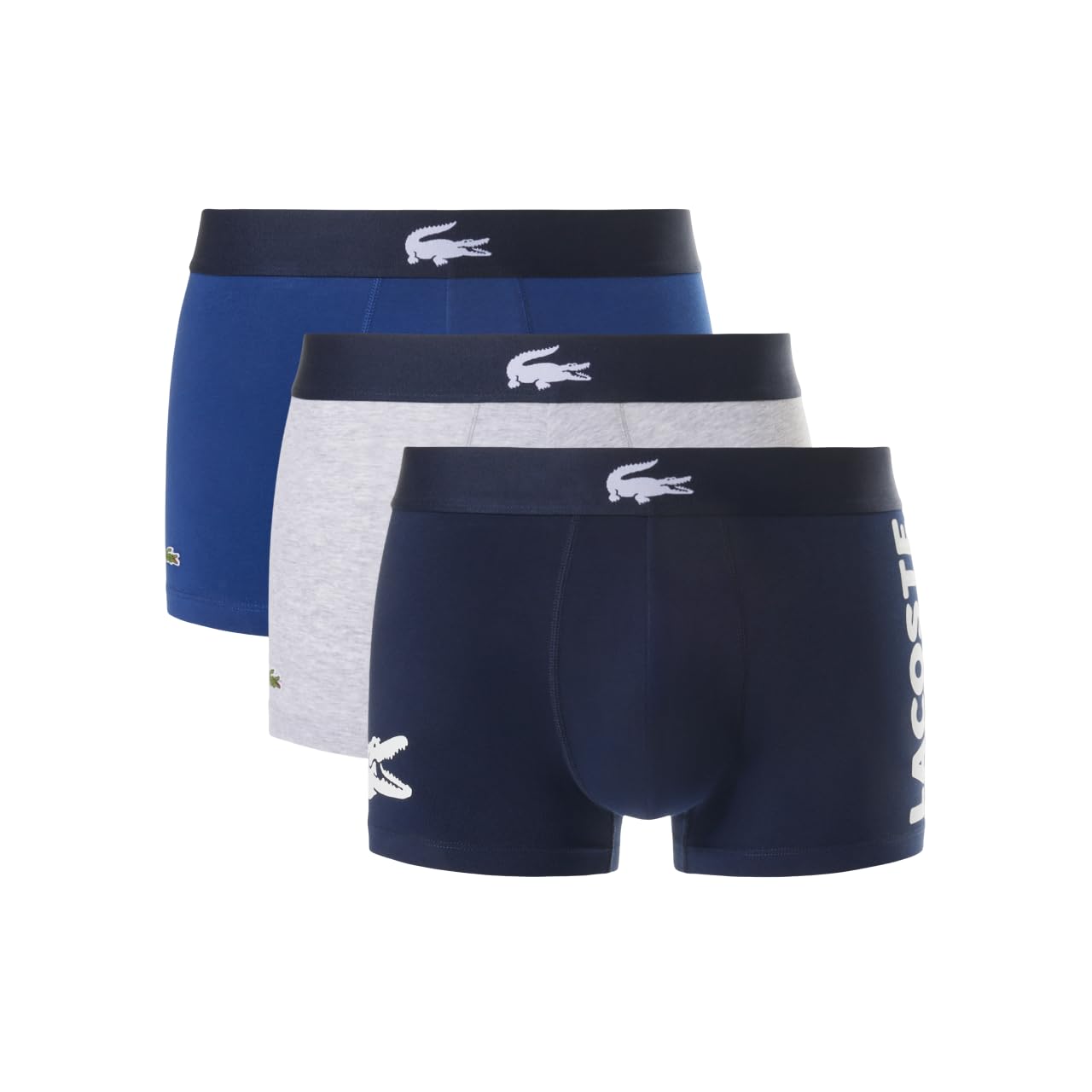 Lacoste Mens Cotton Stretch Big Croc Print Trunks 3-pack Navy Blue/White/Dove Grey Small - Renee Lane Company
