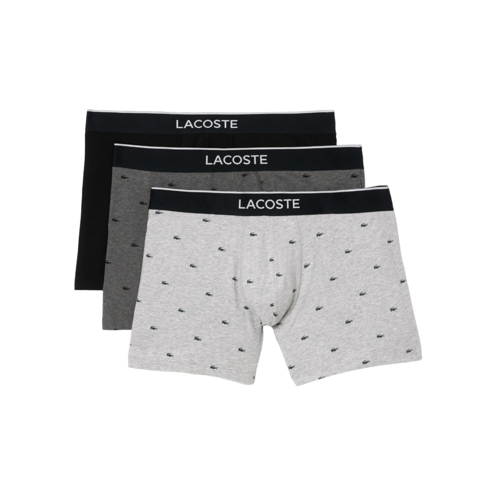 Lacoste Mens Cotton Stretch Mini Croc Print Boxer Briefs 3-pack Black/Midnight Smoke/Dove Grey Medium - Renee Lane Company