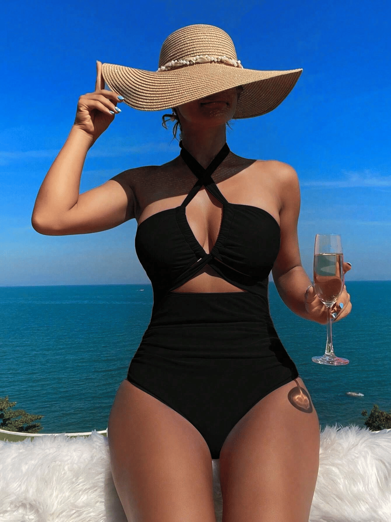 Ladies' cross pleated sexy hanging neck and exposed waist one-piece bikini swimsuit - Renee Lane Company