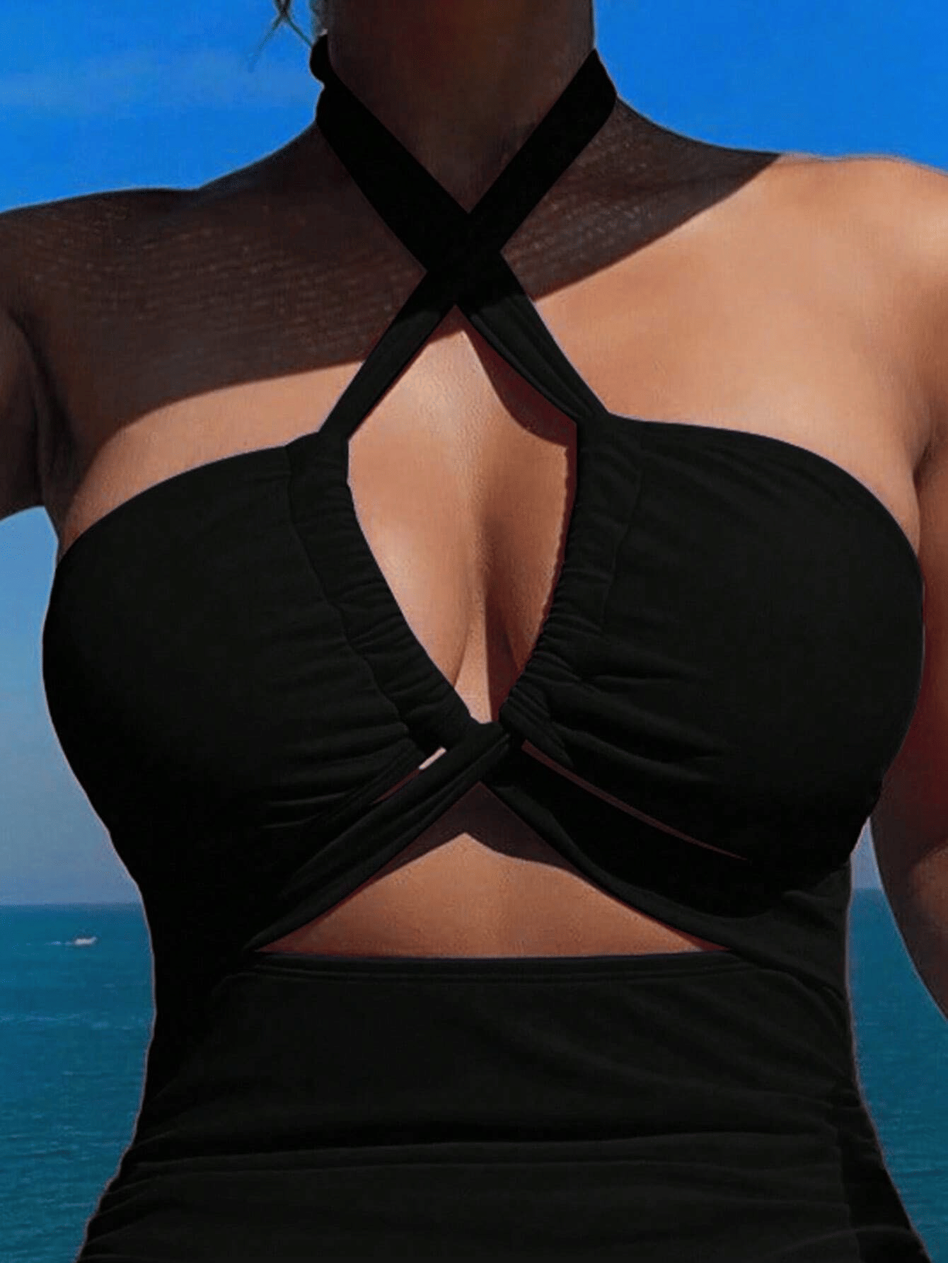 Ladies' cross pleated sexy hanging neck and exposed waist one-piece bikini swimsuit - Renee Lane Company