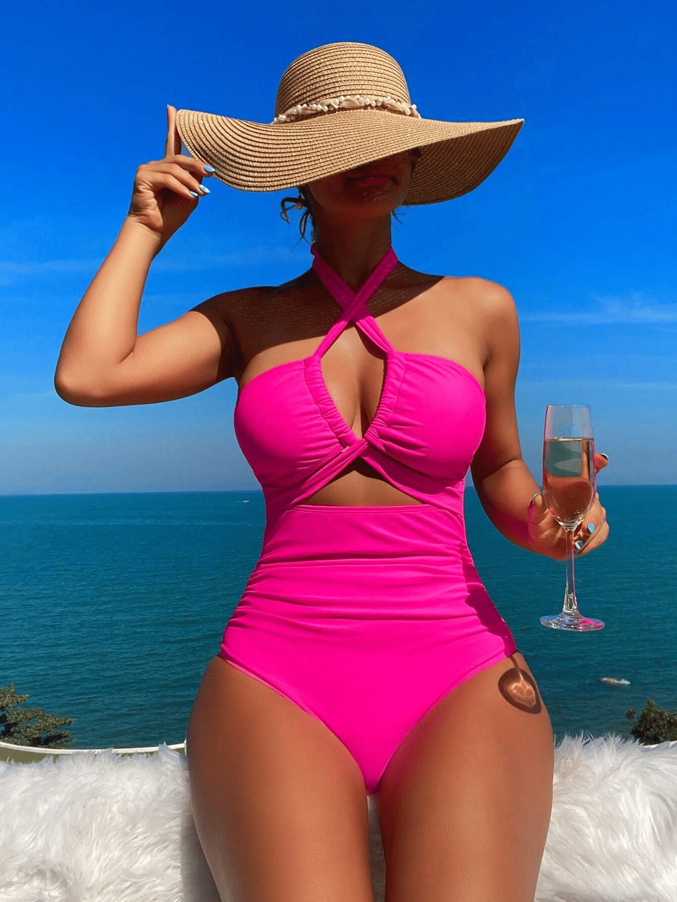 Ladies' cross pleated sexy hanging neck and exposed waist one-piece bikini swimsuit - Renee Lane Company