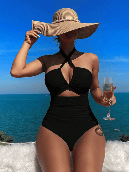 Ladies' cross pleated sexy hanging neck and exposed waist one-piece bikini swimsuit - Renee Lane Company