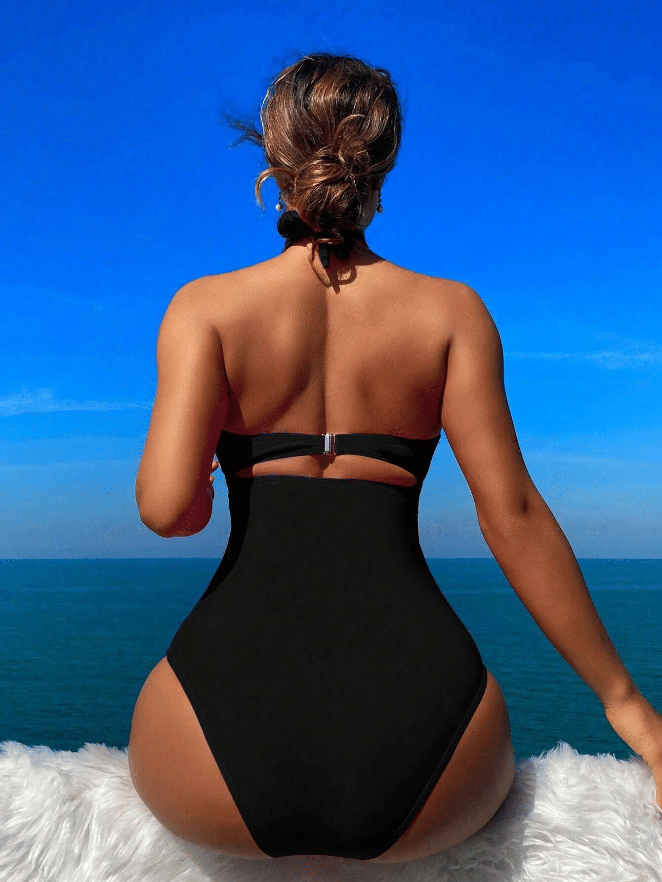Ladies' cross pleated sexy hanging neck and exposed waist one-piece bikini swimsuit - Renee Lane Company