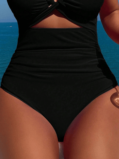 Ladies' cross pleated sexy hanging neck and exposed waist one-piece bikini swimsuit - Renee Lane Company