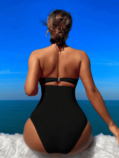 Ladies' cross pleated sexy hanging neck and exposed waist one-piece bikini swimsuit - Renee Lane Company