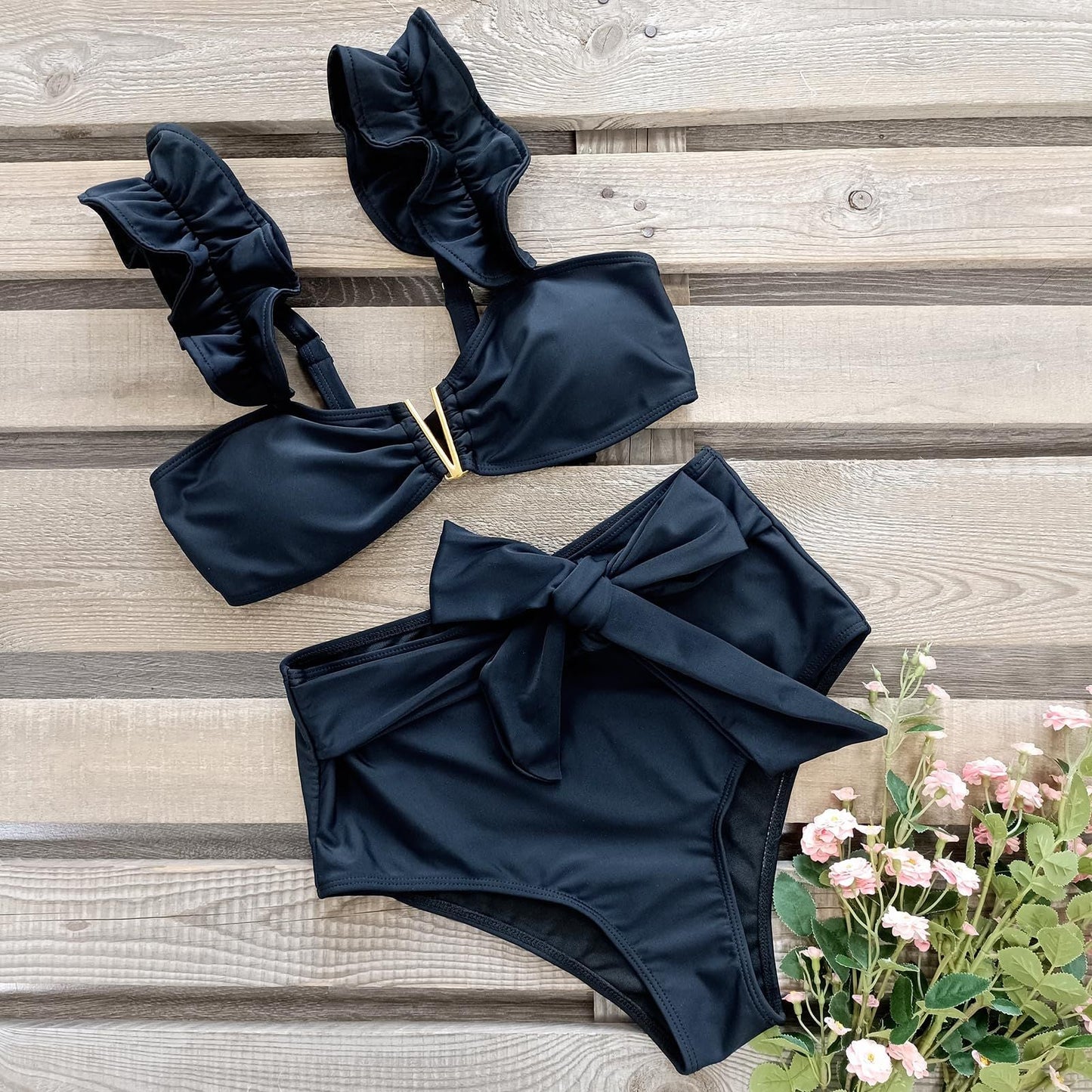 Ladies' split ruffle edge solid color high waist sexy bikini swimsuit looks slim - Renee Lane Company