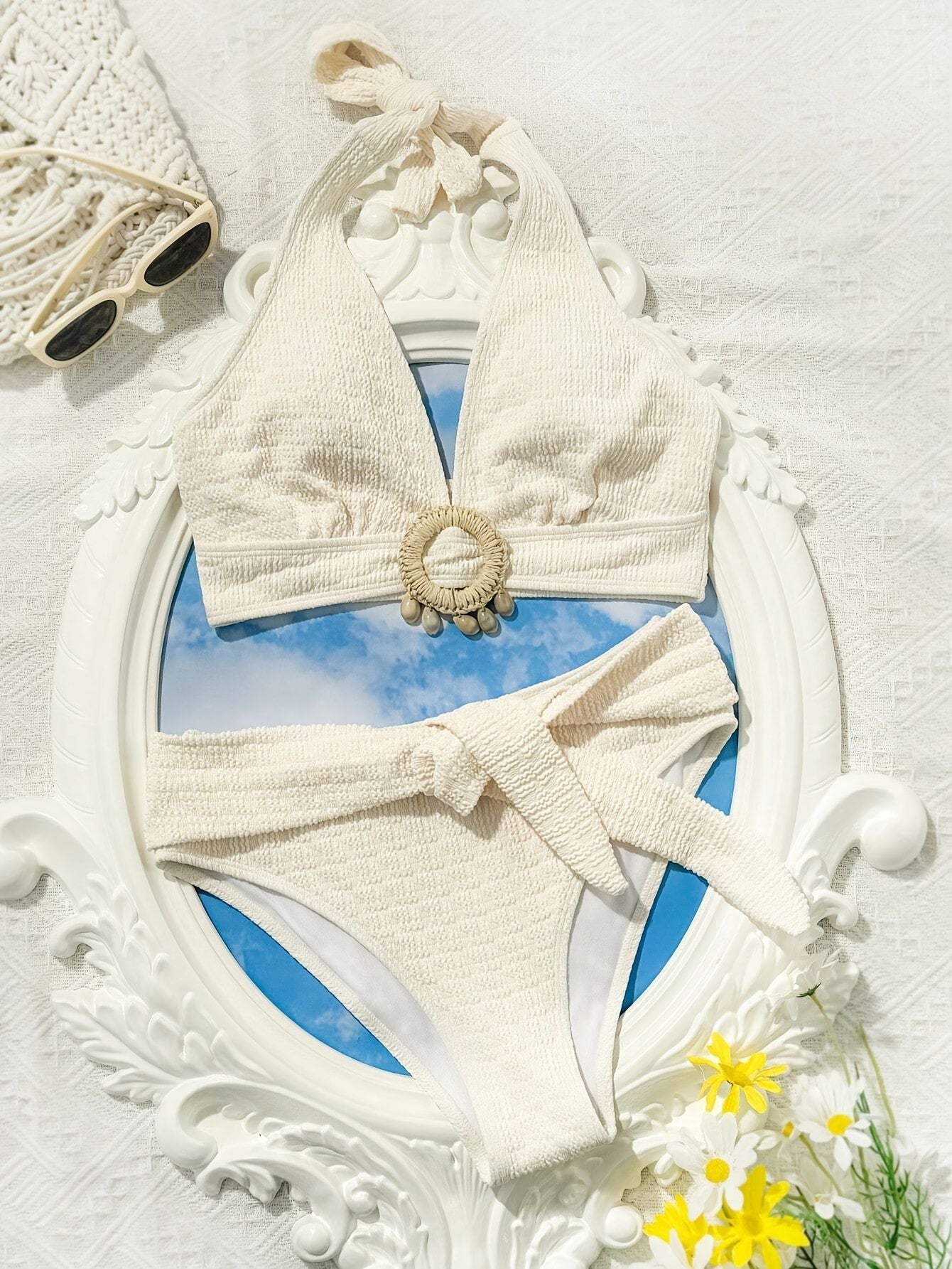 Ladies' white split beach bikini swimwear with shell embellishment, elegant and sexy - Renee Lane Company