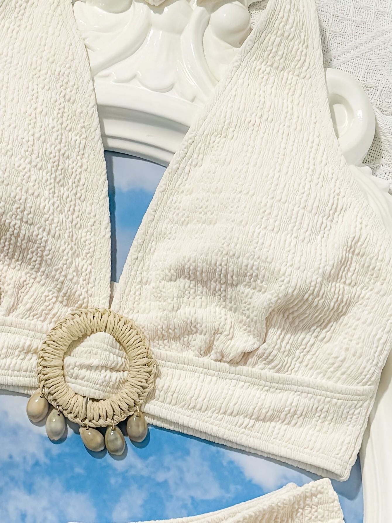 Ladies' white split beach bikini swimwear with shell embellishment, elegant and sexy - Renee Lane Company