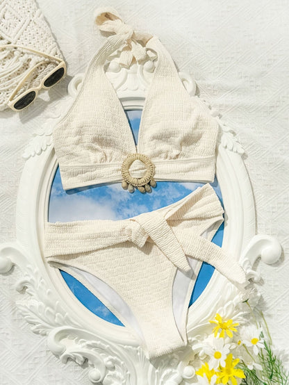 Ladies' white split beach bikini swimwear with shell embellishment, elegant and sexy - Renee Lane Company