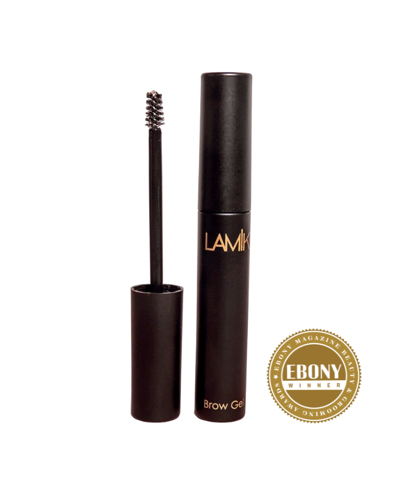 Brow gel with tube and spoolie brush, black bottle with gold logo