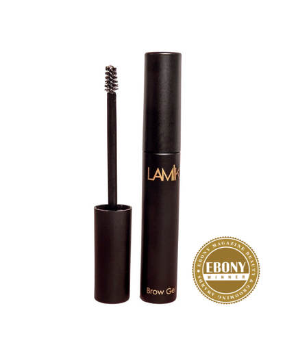 Brow gel with tube and spoolie brush, black bottle with gold logo