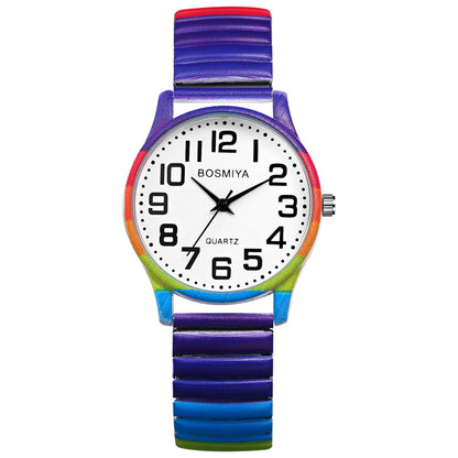 Lancardo Women Stretch Band Watch: Rainbow Color Elastic Analog Quartz Big Number White Dial Wristwatch Easy to Read Birthday Christmas - Renee Lane Company