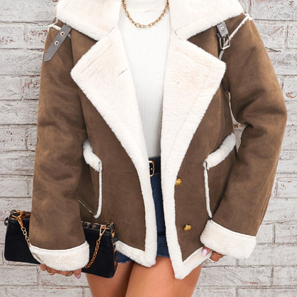 Lapel Plush Jacket, Winter Warm Casual Outwear, Women's Clothing - Renee Lane Company