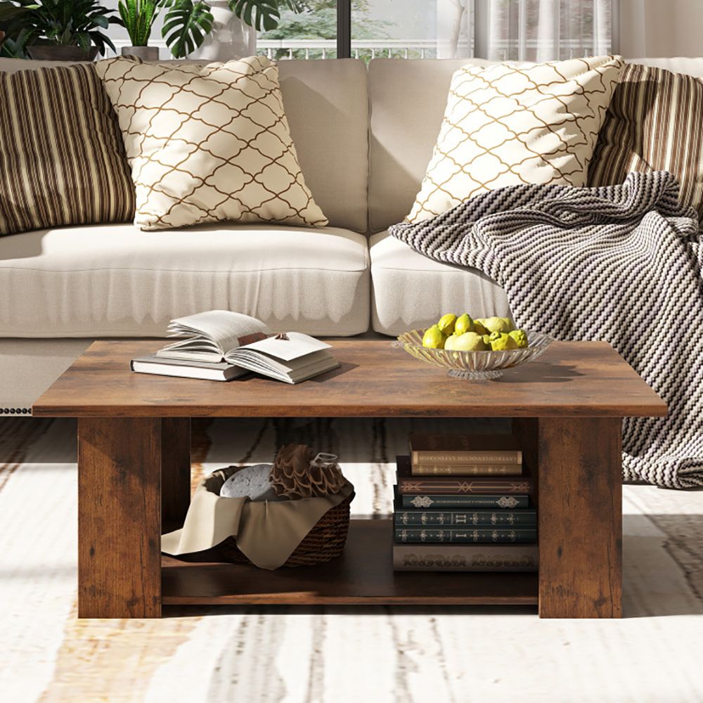 Large 41 Inch 2-tier Wooden Modern Coffee Table with Storage Shelf living room table - Renee Lane Company