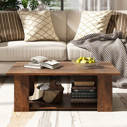 Large 41 Inch 2-tier Wooden Modern Coffee Table with Storage Shelf living room table - Renee Lane Company