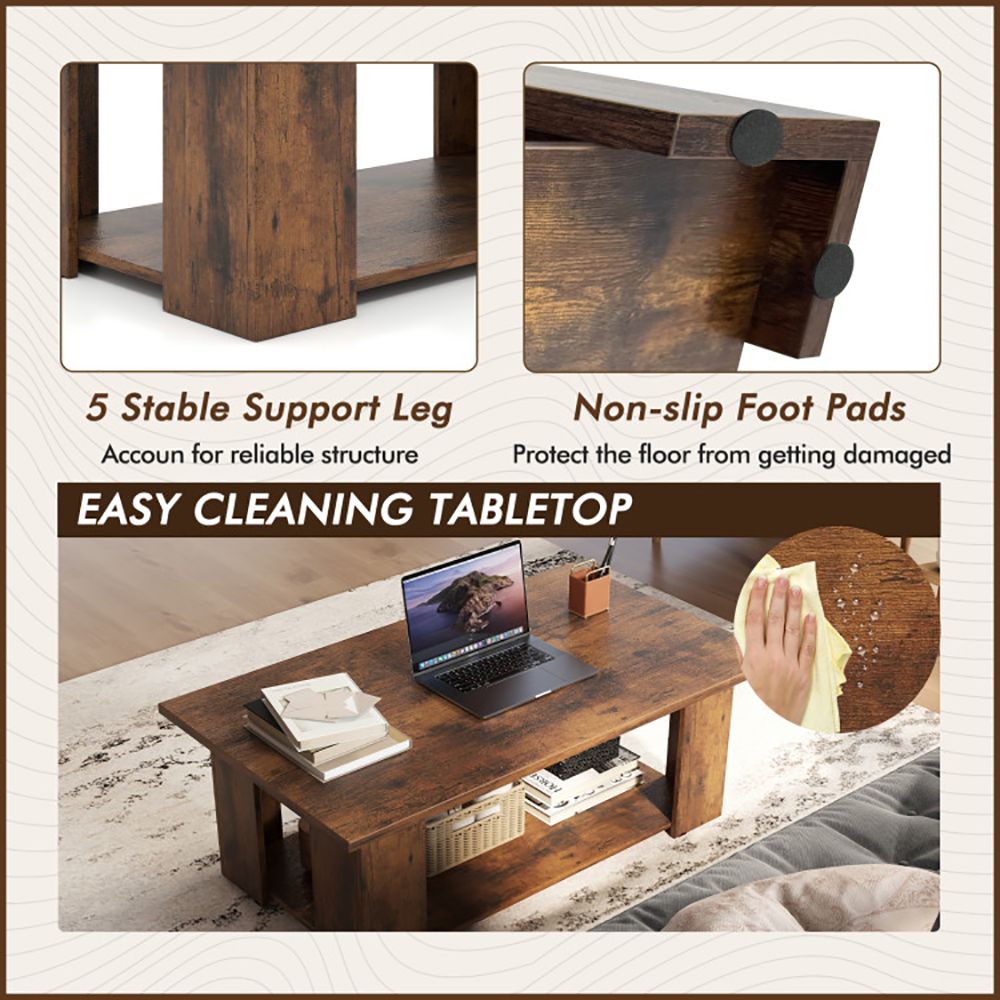 Large 41 Inch 2-tier Wooden Modern Coffee Table with Storage Shelf living room table - Renee Lane Company