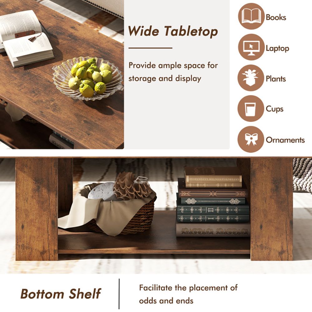 Large 41 Inch 2-tier Wooden Modern Coffee Table with Storage Shelf living room table - Renee Lane Company