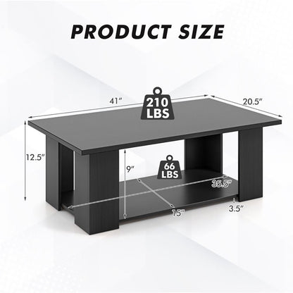 Large 41 Inch 2-tier Wooden Modern Coffee Table with Storage Shelf living room table - Renee Lane Company