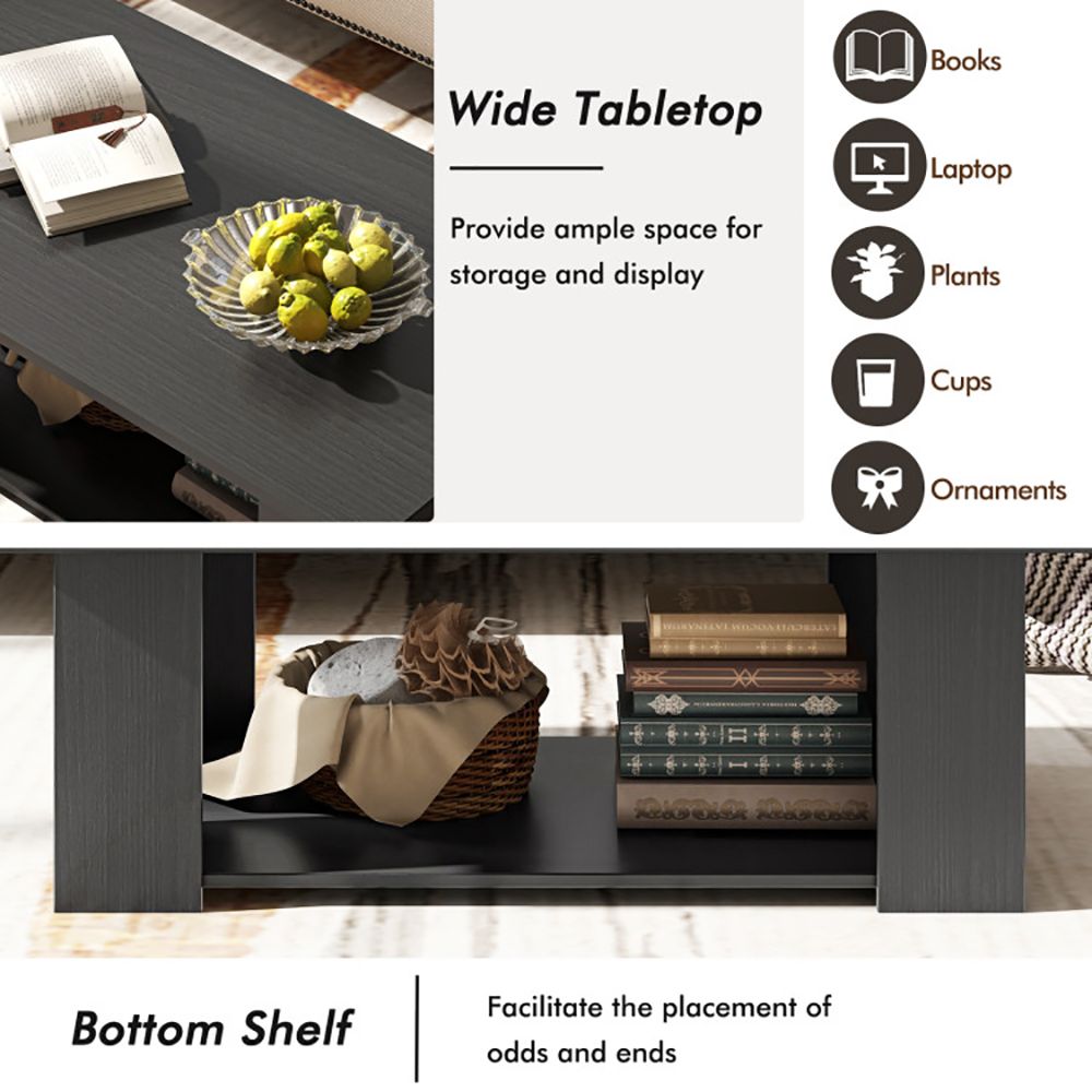 Large 41 Inch 2-tier Wooden Modern Coffee Table with Storage Shelf living room table - Renee Lane Company