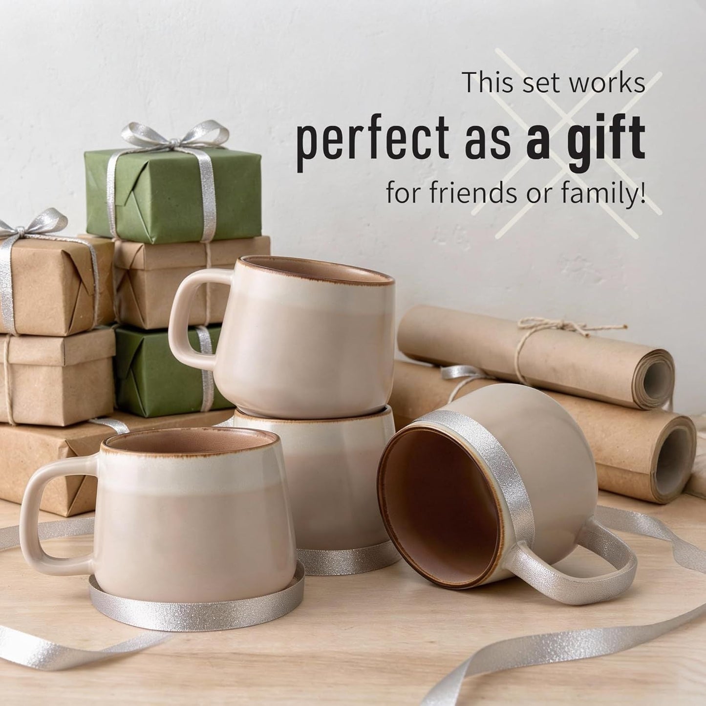 Large Ceramic Coffee Mugs Set of 4 | 16 oz Stoneware Coffee Cups | Lead-Free, Non-Toxic | Microwave and Dishwasher Safe | Comfortable Handle | Nordic Design for Tea, Cocoa, Latte | Rose Sand - Renee Lane Company