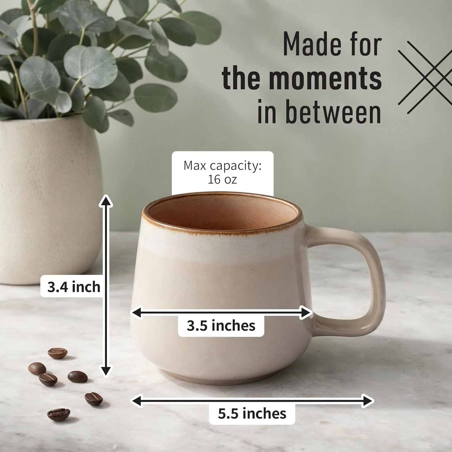 Large Ceramic Coffee Mugs Set of 4 | 16 oz Stoneware Coffee Cups | Lead-Free, Non-Toxic | Microwave and Dishwasher Safe | Comfortable Handle | Nordic Design for Tea, Cocoa, Latte | Rose Sand - Renee Lane Company