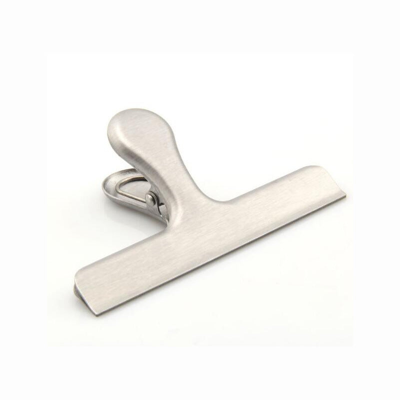 Stainless steel bag clip with flat handle and locking spring, heavy-duty seal