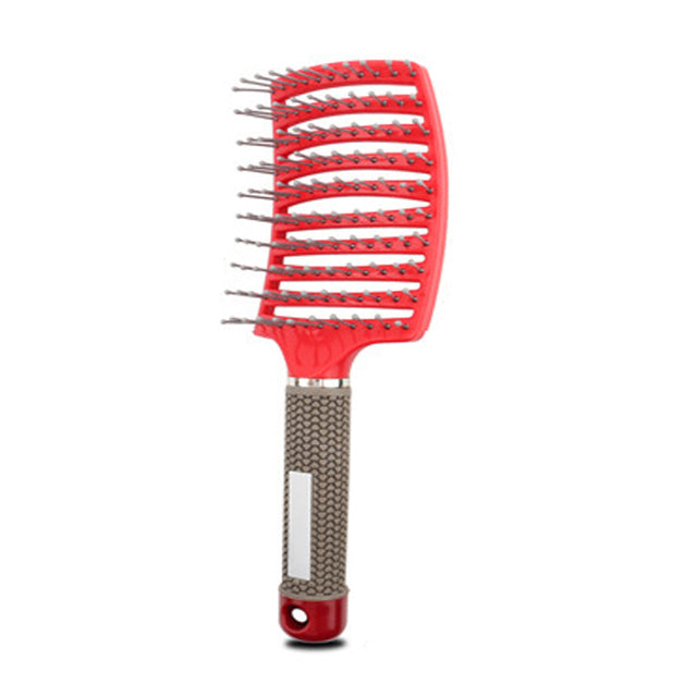 Red massage hair comb with pin tips and dark gray textured handle