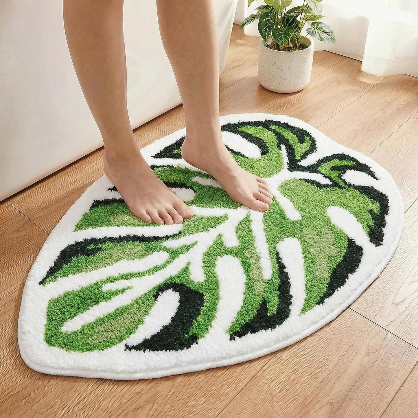 Leaf Bath Mat - Soft, Green MonsteraNon-Slip Leaves Rug, Tropical Flower Bath Mat for Bathroom, Plush & Machine Washable, Fun Bathroom Rugs, 19.6x39.3 Inches (Green Monstera, 40 x 20 in) - Renee Lane Company