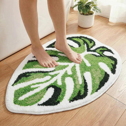 Leaf Bath Mat - Soft, Green MonsteraNon-Slip Leaves Rug, Tropical Flower Bath Mat for Bathroom, Plush & Machine Washable, Fun Bathroom Rugs, 19.6x39.3 Inches (Green Monstera, 40 x 20 in) - Renee Lane Company