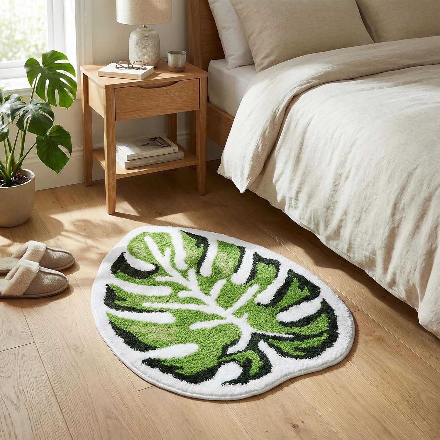Leaf Bath Mat - Soft, Green MonsteraNon-Slip Leaves Rug, Tropical Flower Bath Mat for Bathroom, Plush & Machine Washable, Fun Bathroom Rugs, 19.6x39.3 Inches (Green Monstera, 40 x 20 in) - Renee Lane Company