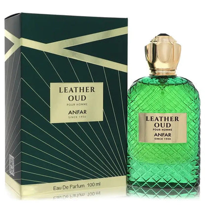 Anfar Leather Oud eau de parfum 100 ml bottle in green glass with gold cap and box