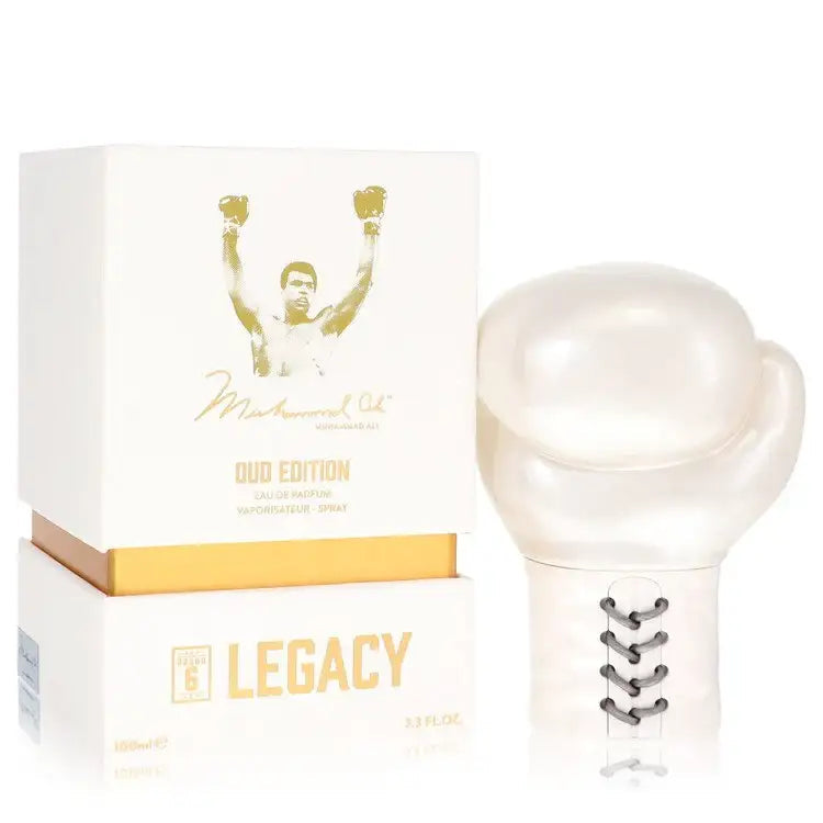 Men's Legacy cologne bottle beside Legacy 6 Old Edition box with gold trim