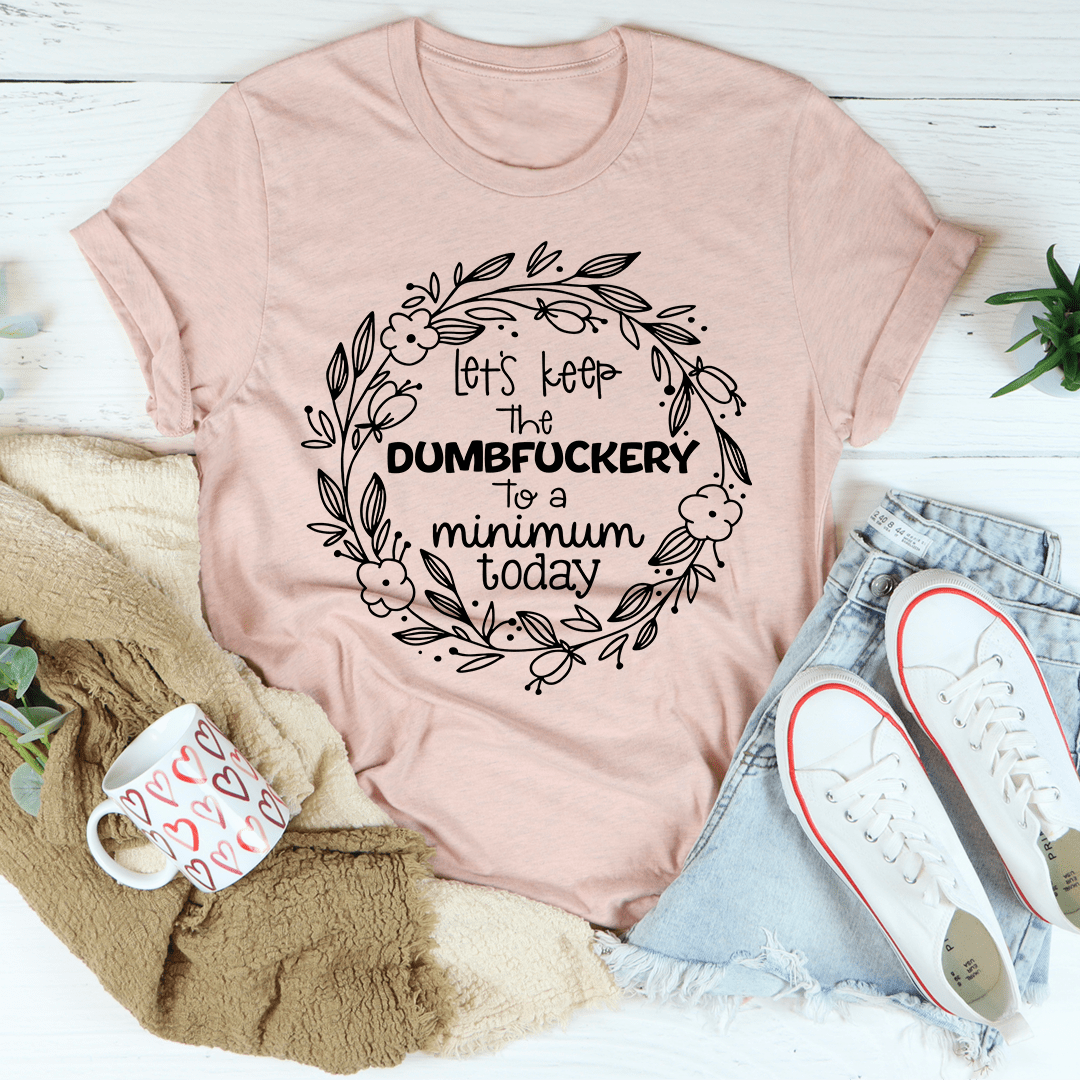 Dusty rose crewneck T-shirt with black floral wreath slogan graphic