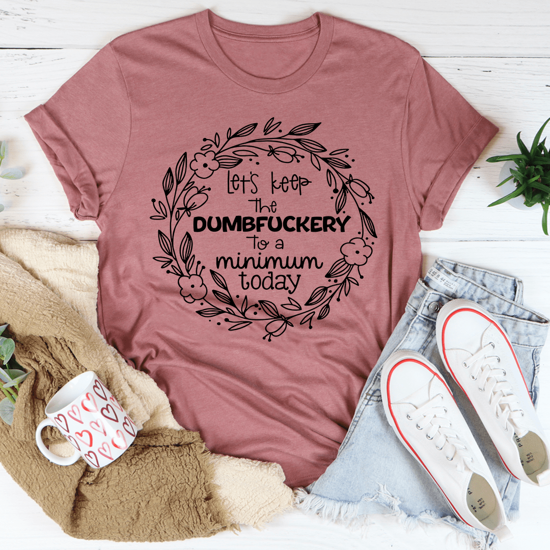 Mauve T-shirt with black floral wreath logo and slogan graphic, crew neck