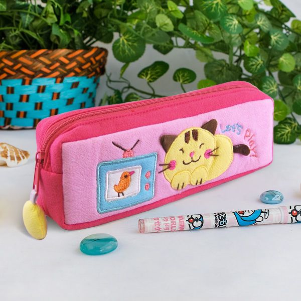 [Let's Play] Embroidered Applique Pencil Pouch Bag / Cosmetic Bag / Carrying Case (7.5*2.5*1.6) - Renee Lane Company