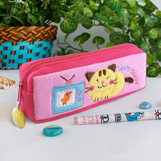[Let's Play] Embroidered Applique Pencil Pouch Bag / Cosmetic Bag / Carrying Case (7.5*2.5*1.6) - Renee Lane Company