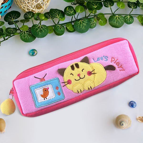 [Let's Play] Embroidered Applique Pencil Pouch Bag / Cosmetic Bag / Carrying Case (7.5*2.5*1.6) - Renee Lane Company