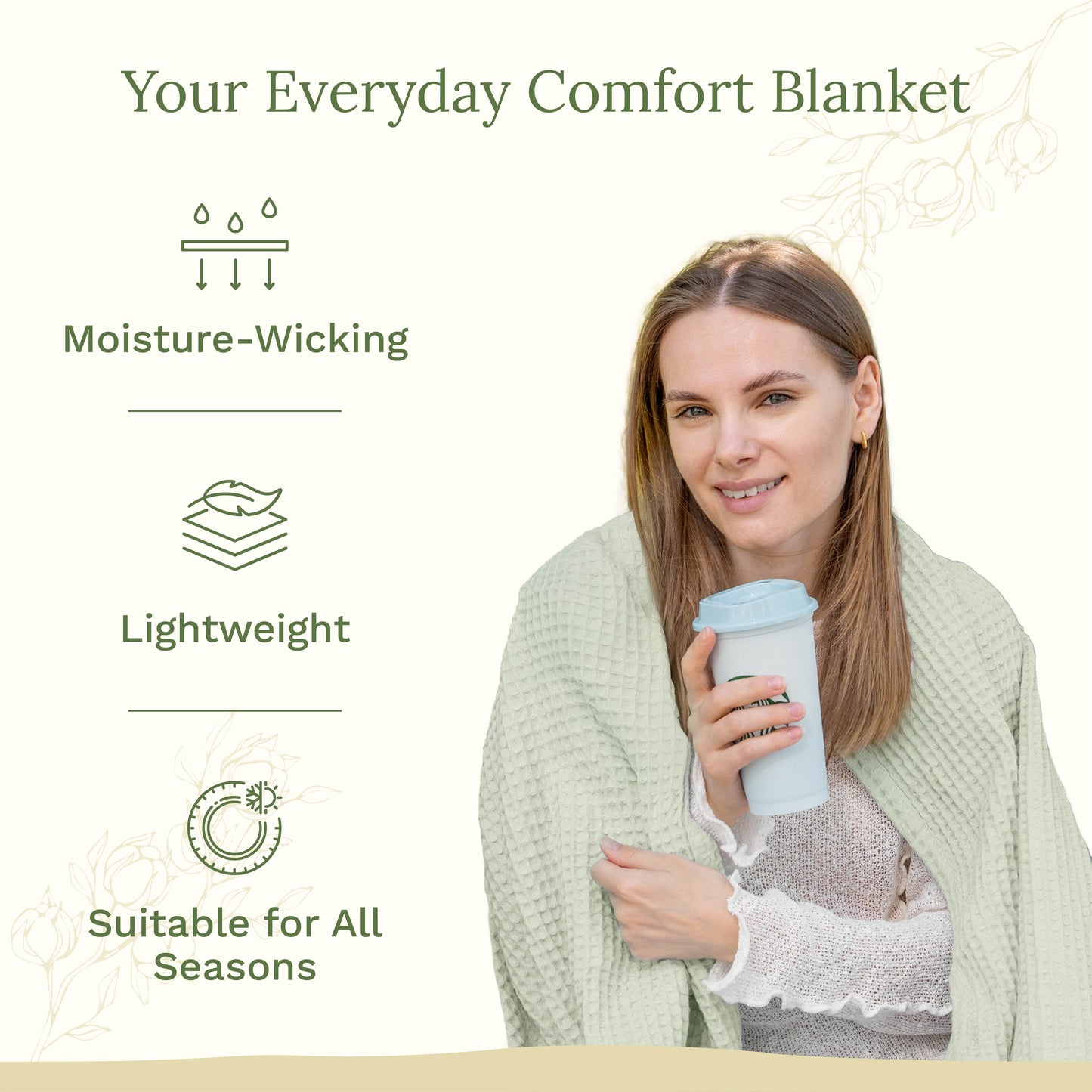 Waffle weave blanket, pale green waffle texture worn by a person holding a mug