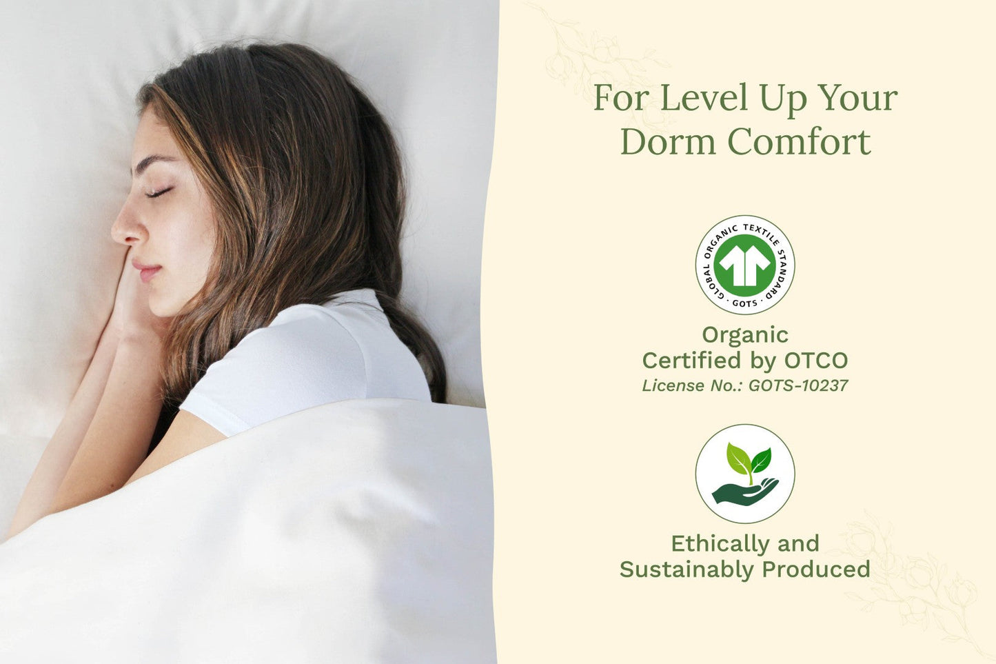 Light cream bedsheet set on a sleeping person with pillow and fitted sheet