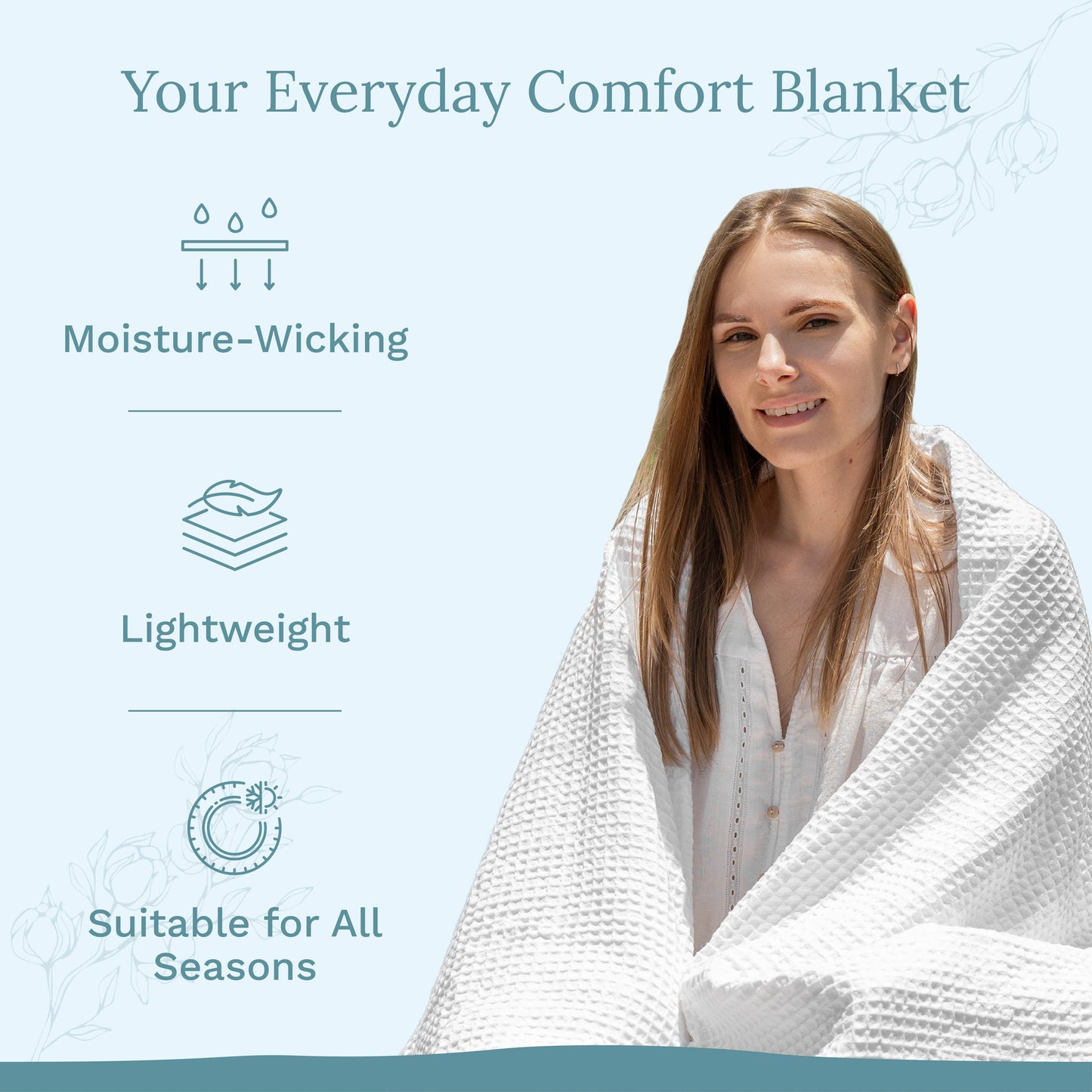 Waffle weave blanket draped over a person, white waffle-textured fabric
