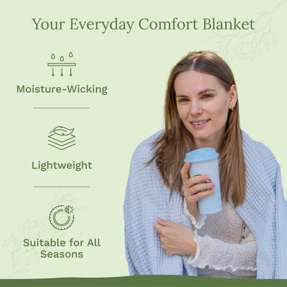 Waffle weave blanket, light blue waffle texture worn by a person holding a mug