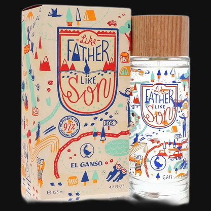 Men's cologne gift set with illustrated box and glass bottle, wooden cap