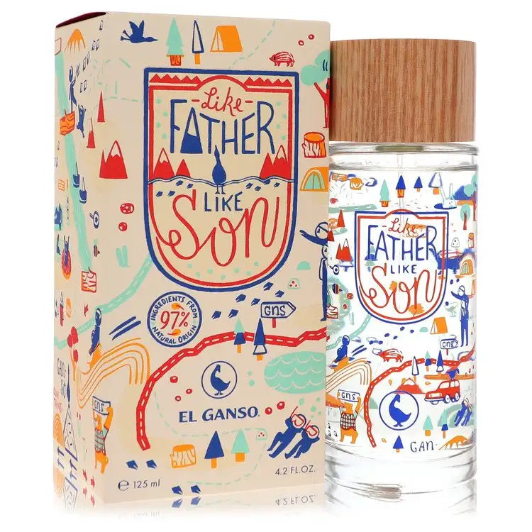 Men's cologne bottle with wooden cap, shown with matching illustrated gift box