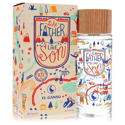 Men's cologne bottle with wooden cap, shown with matching illustrated gift box