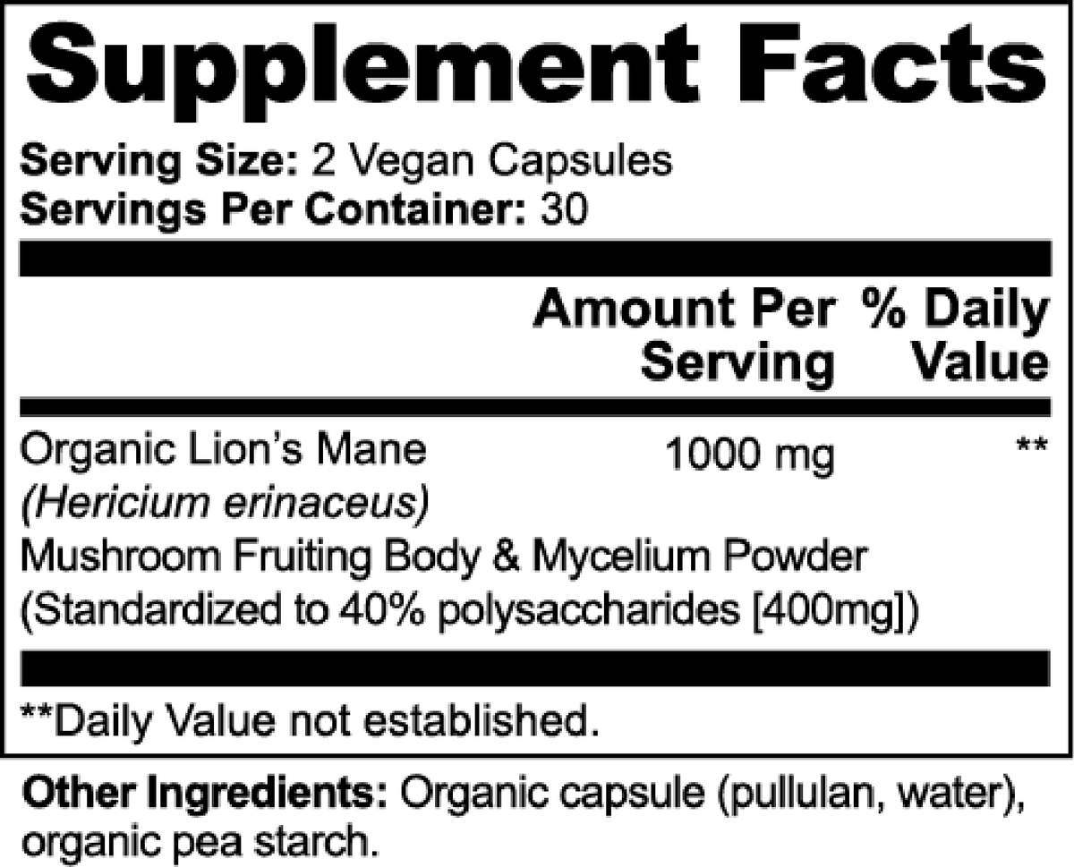 Supplement Facts label for Lion's Mane mushroom; serving size 2 vegan capsules