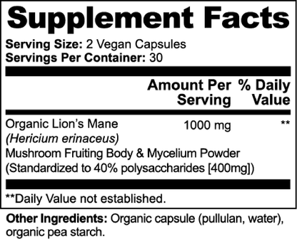 Supplement Facts label for Lion's Mane mushroom; serving size 2 vegan capsules